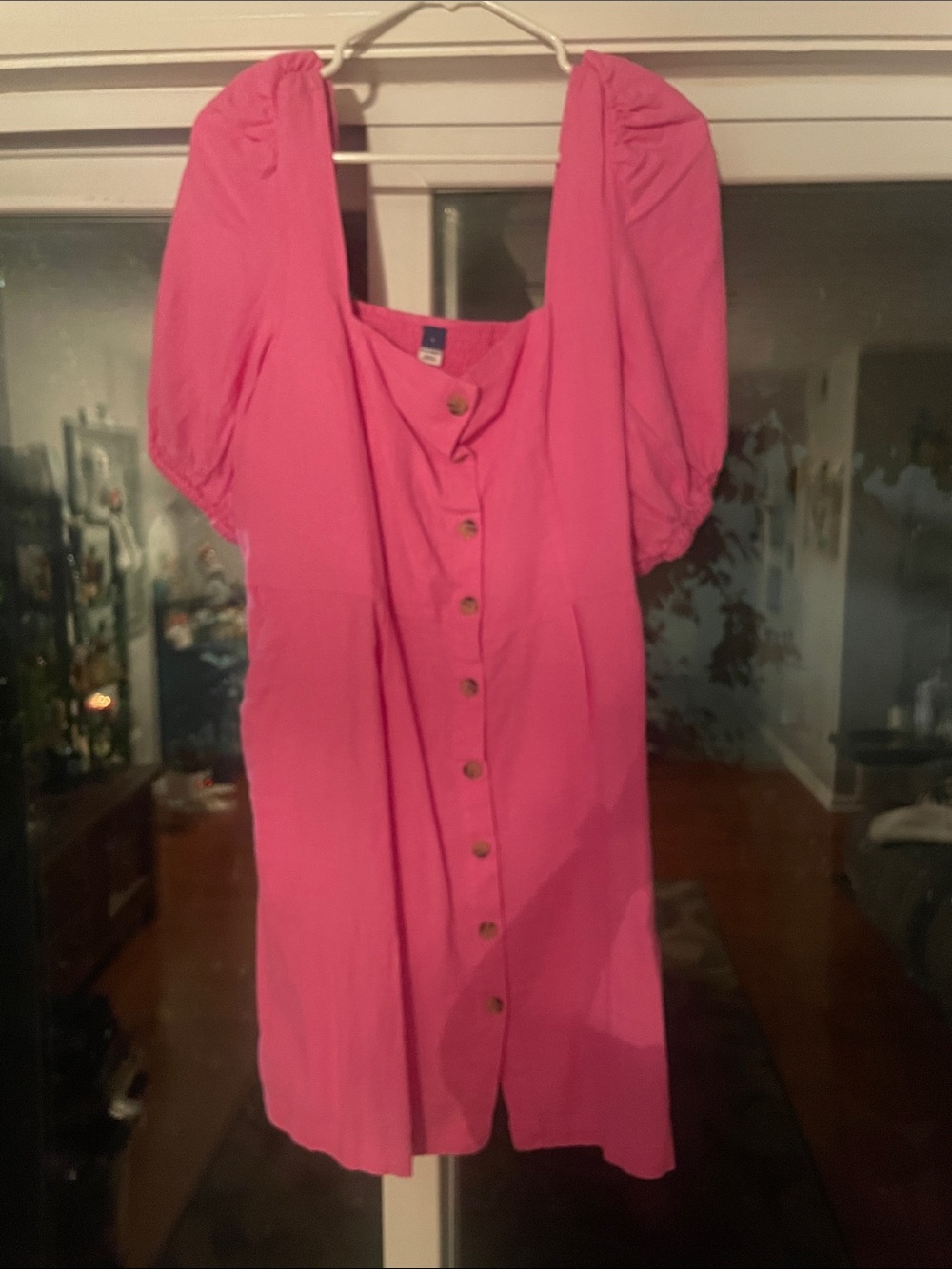 Old Navy Hot Pink Button-Front Midi Dress with Puff Sleeves